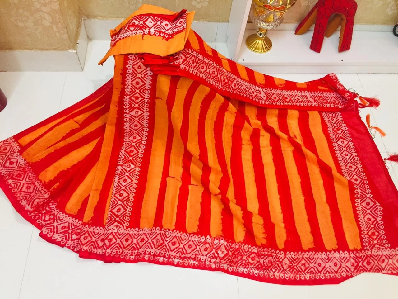 Exclusive Design Cotton Saree for Women – Orange & Red
